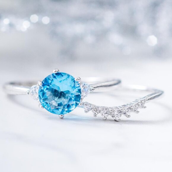 Blue Topaz Ring Set, 925 Sterling Silver Charmed Aroma Birthstone Collection - Picture 1 of 3
